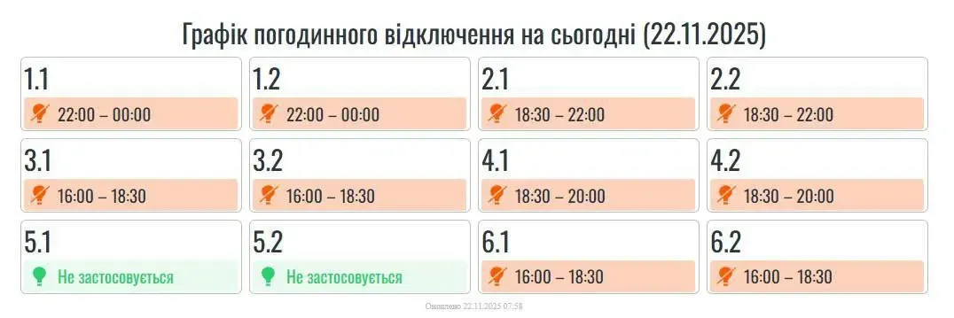 Графік відключення Прикарпаття 22 листопада