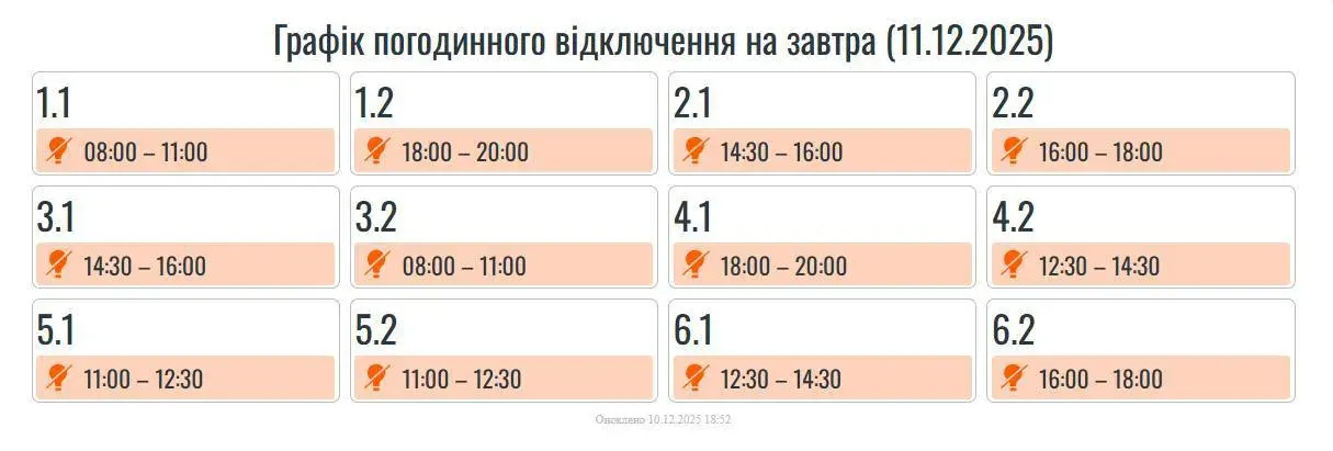 Графіки відключення 11 грудня Прикарпаття