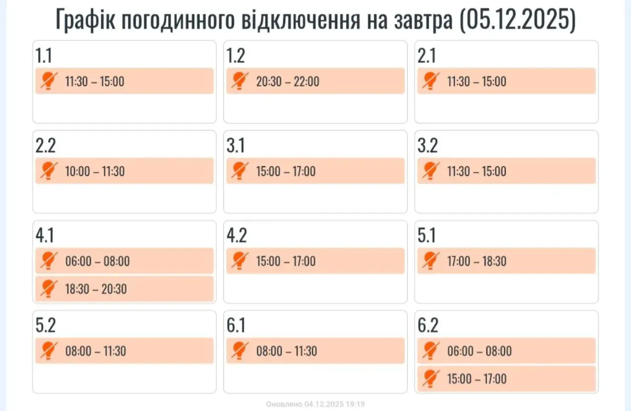 Графік відключень, 5 грудня, Франківщина