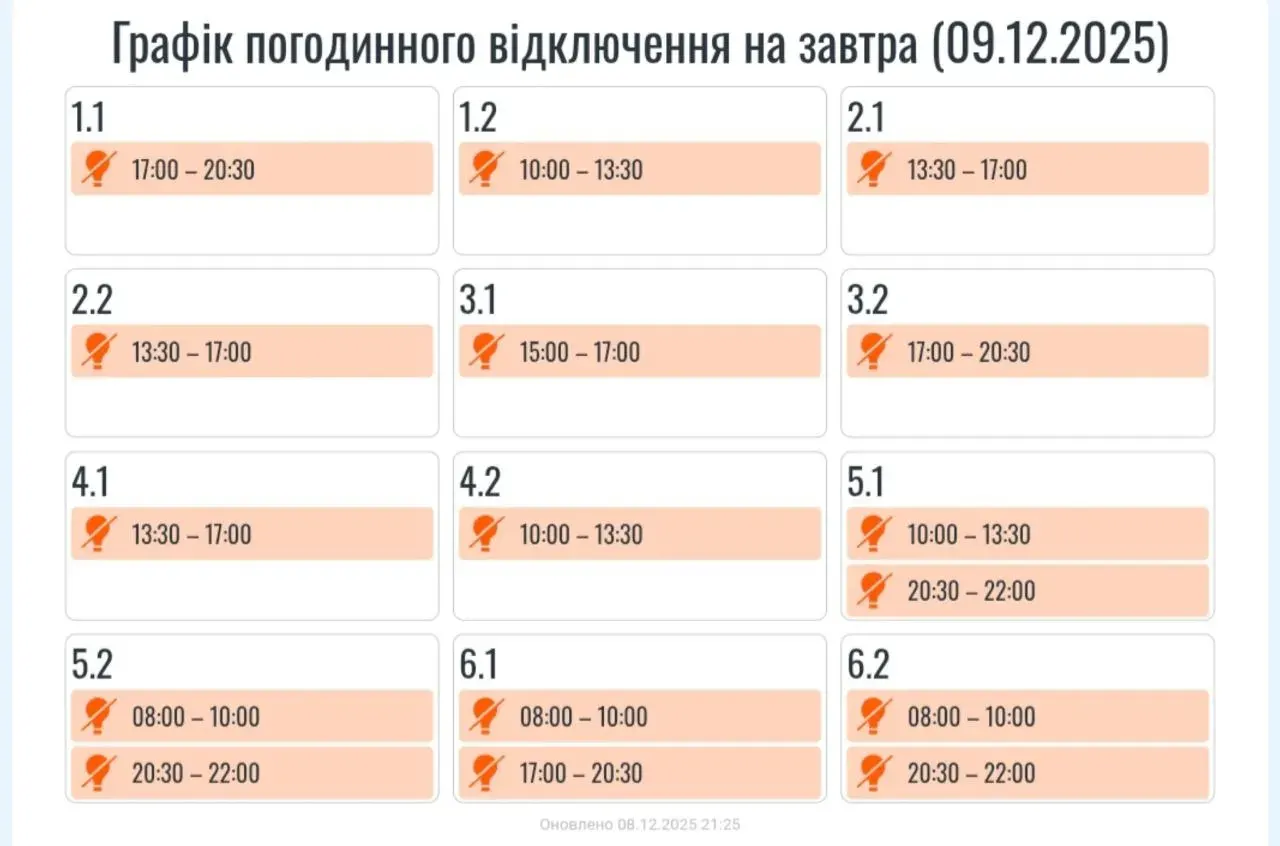 Графік відключень Прикарпаття 9 грудня