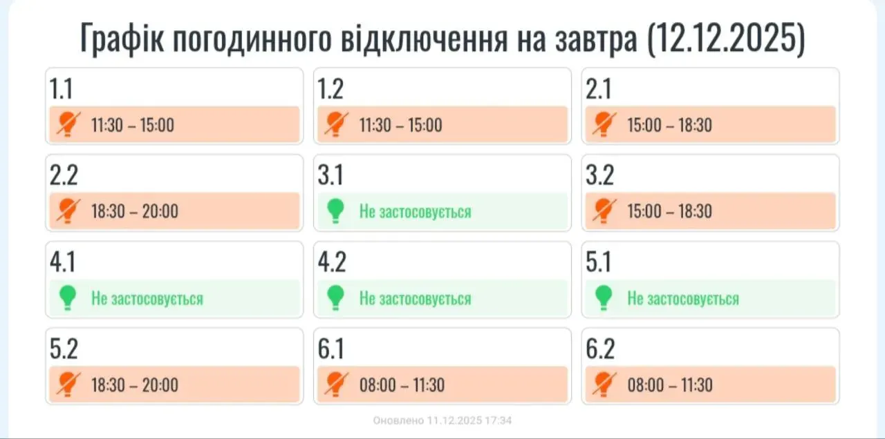 Графіки відключень на 12 грудня Прикарпаття
