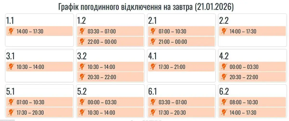 Графік відключень Прикарпаття 21 січня