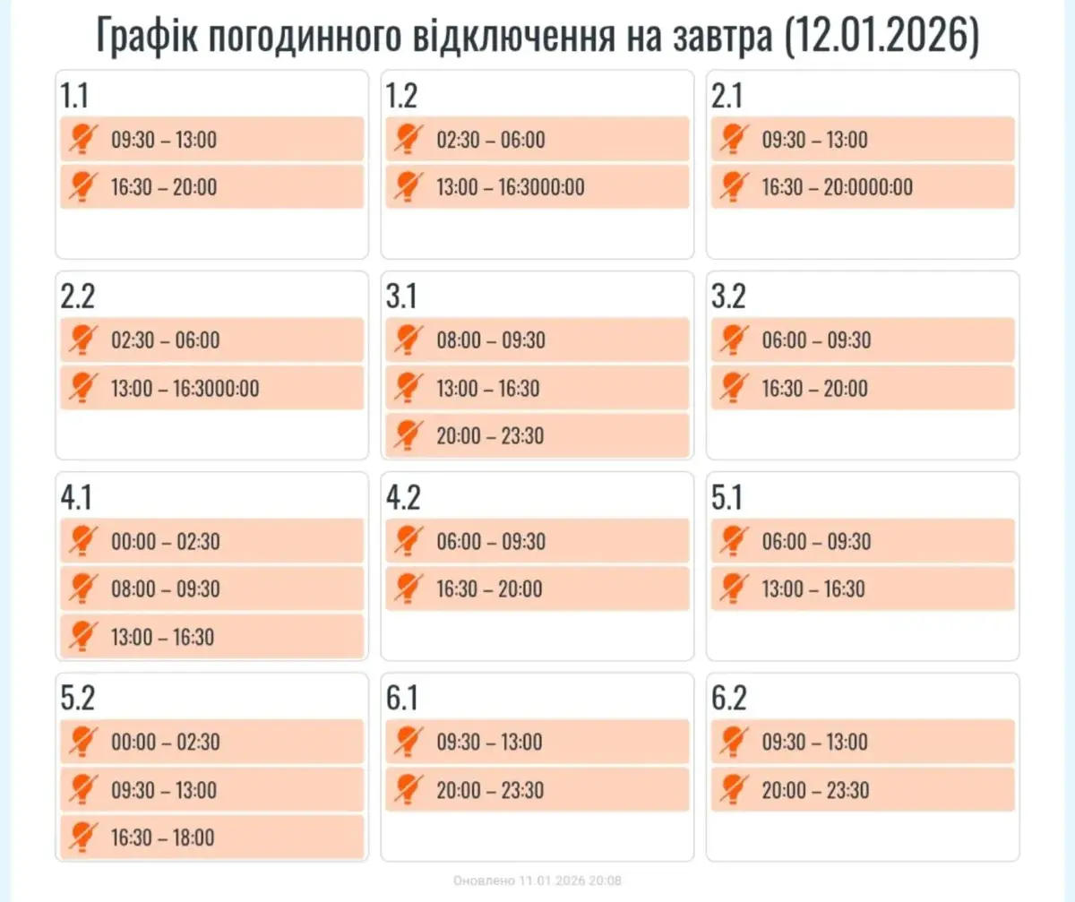 Графік відключень, Прикарпаття, 12 січня