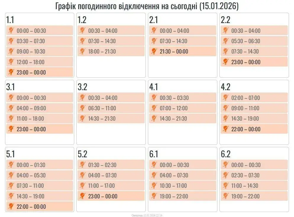 Графік відключень, Прикарпаття, 16 січня