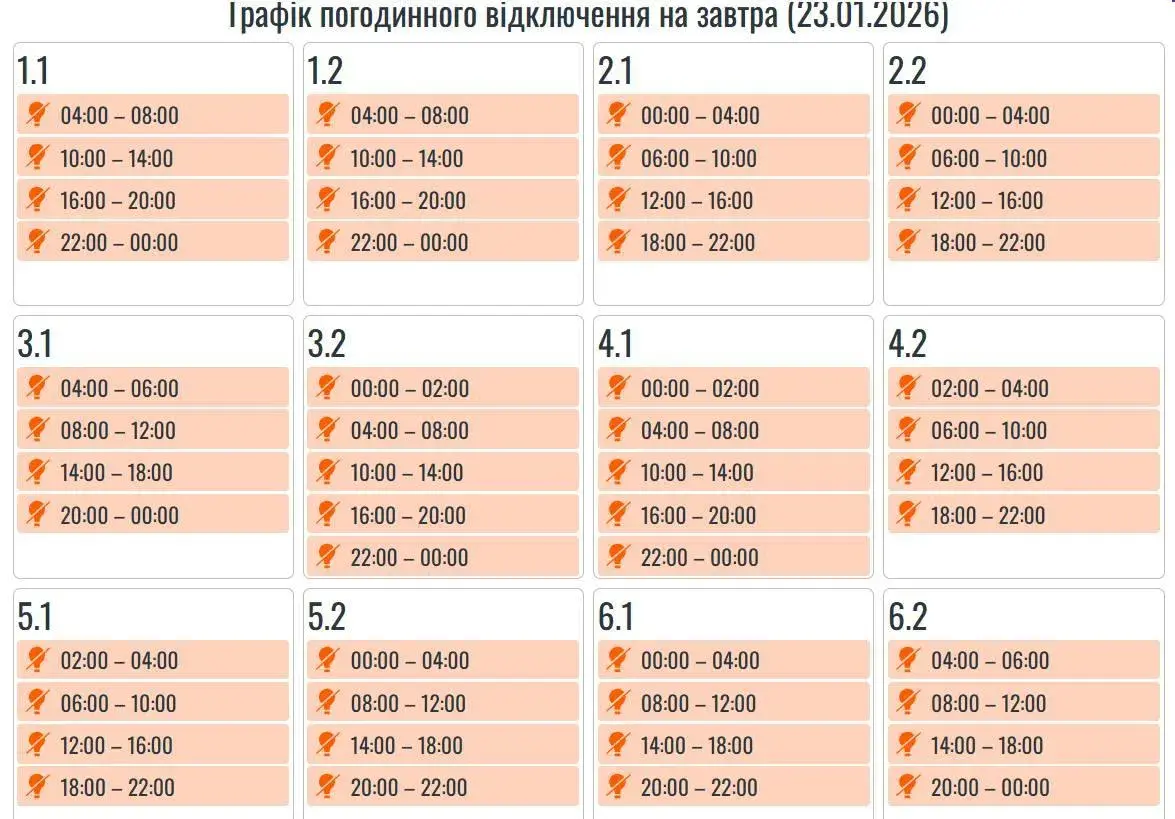Графіки відключення Прикарпаття 23 січня