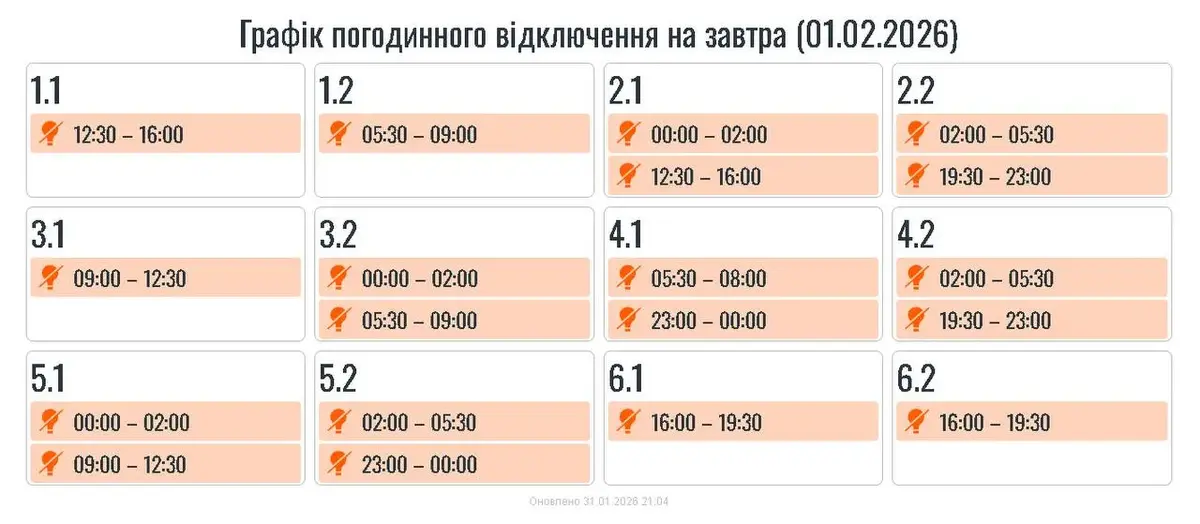 Графік відключень Прикарпаття 1 лютого
