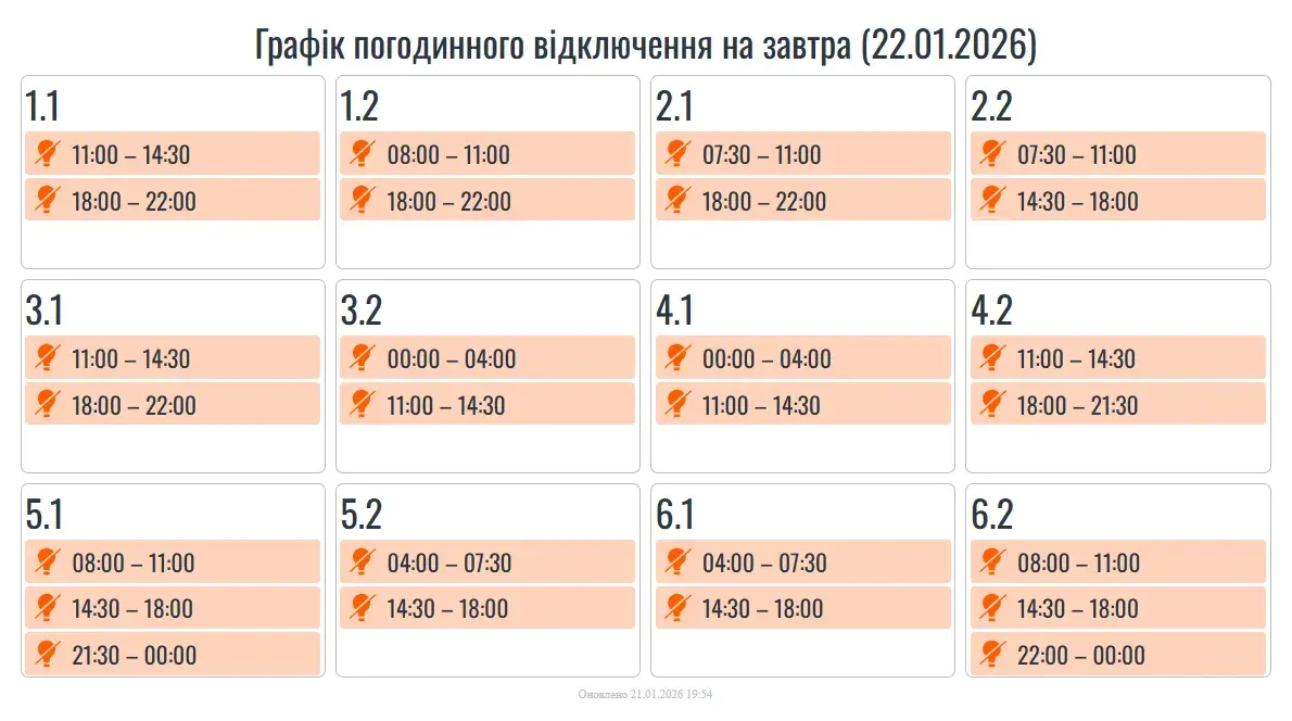Графік відключень Прикарпаття 22 січня