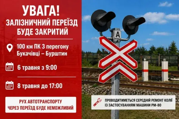 На три дні закриють залізничний переїзд Букачівці – Бурштин