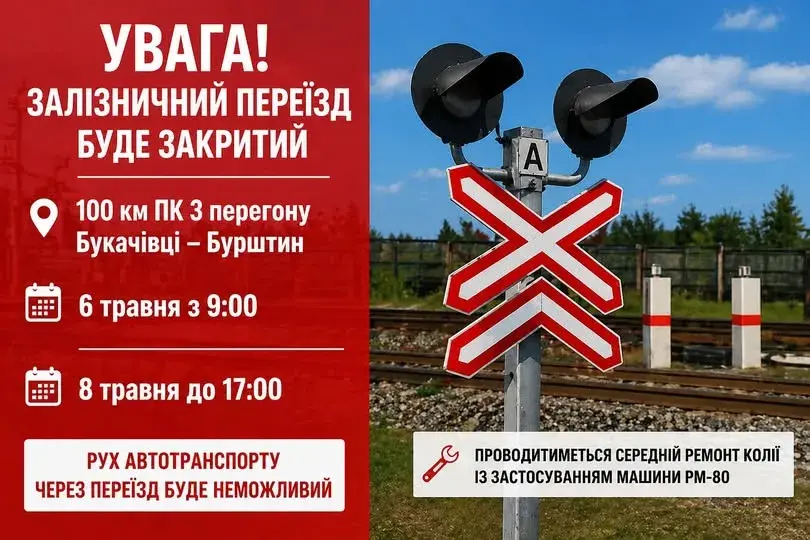 На три дні закриють залізничний переїзд Букачівці – Бурштин